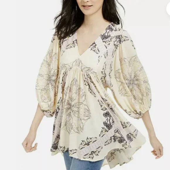 Free People Women's Girl Talk Tunic Top Dress Long Sleeve Ivory Pockets Boho XS - Picture 9 of 10